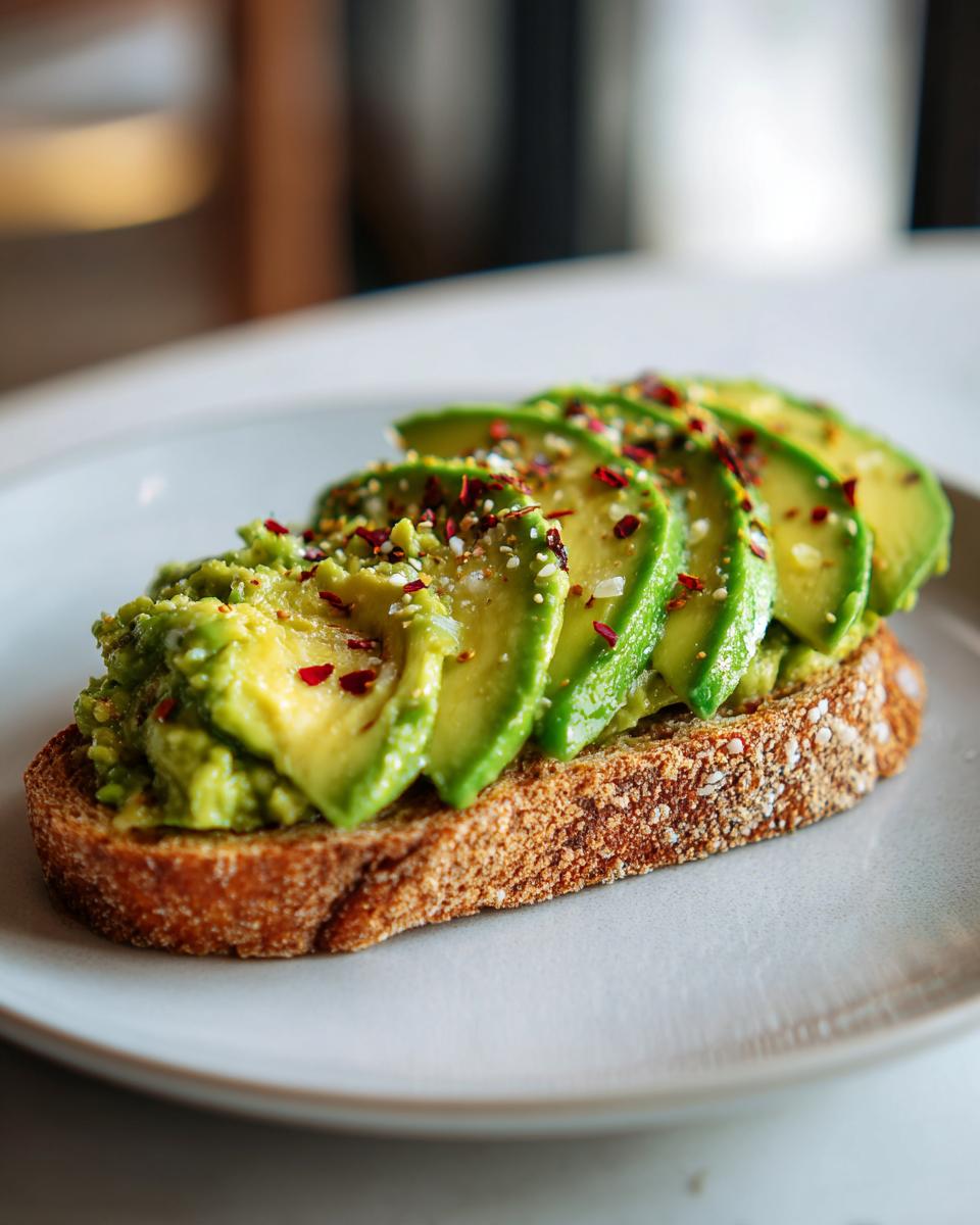 Close-up of delicious avocado toast featuring mashed and sliced avocado topped with chili flakes on toasted whole grain bread.
