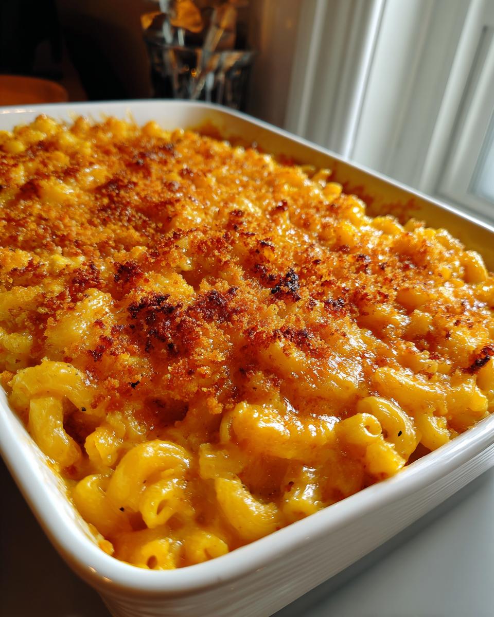 Close-up of creamy, cheesy baked mac and cheese recipe topped with a golden brown, crispy breadcrumb crust.
