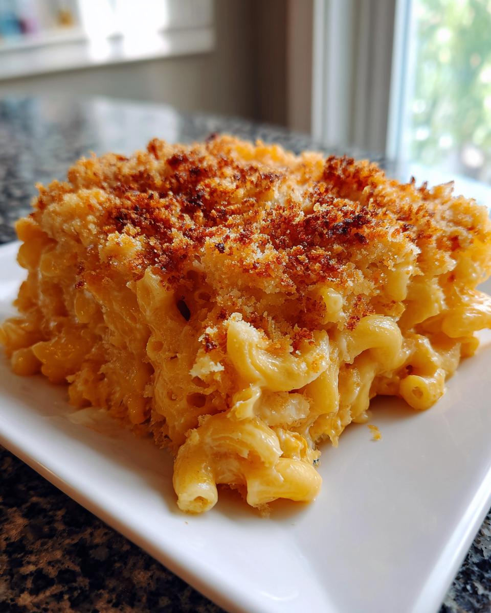A close-up of a square serving of creamy baked mac and cheese recipe with a golden, crispy breadcrumb topping.