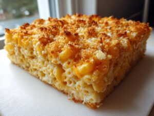 A thick, square slice of creamy baked mac and cheese recipe with a golden brown, crispy breadcrumb topping.