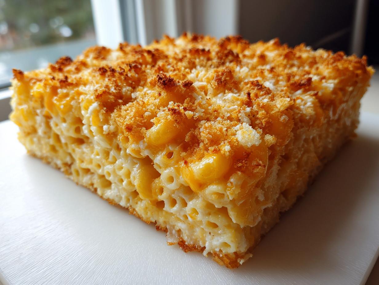 A thick, square slice of creamy baked mac and cheese recipe with a golden brown, crispy breadcrumb topping.