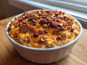 A close-up of a creamy Neiman Marcus dip served hot in a white bowl, topped with melted cheddar cheese, bacon bits, and chopped nuts.