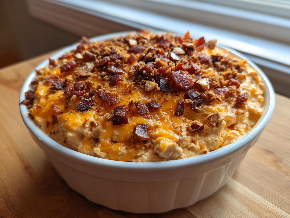 A close-up of a creamy Neiman Marcus dip served hot in a white bowl, topped with melted cheddar cheese, bacon bits, and chopped nuts.