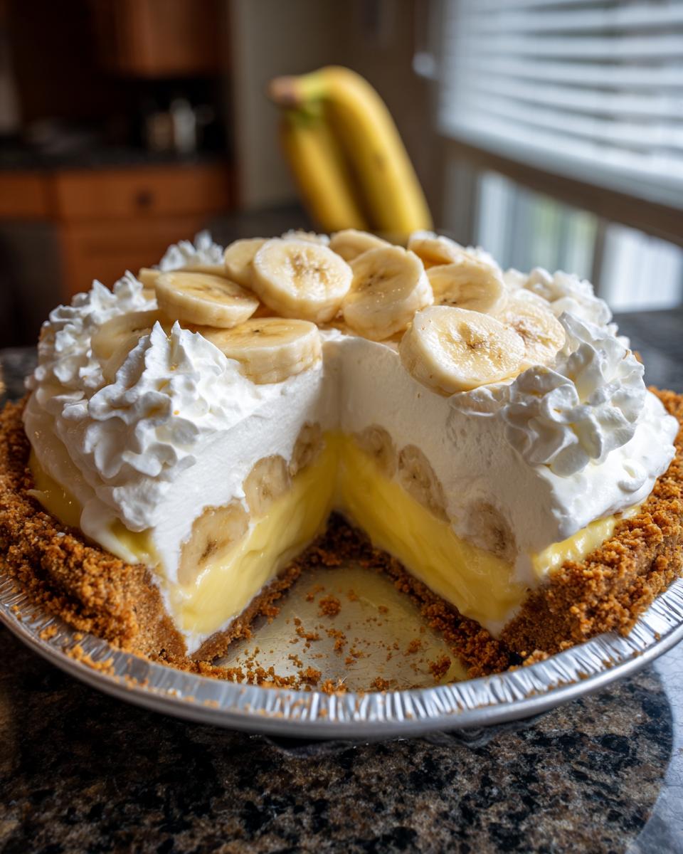 A slice removed from a homemade banana cream pie, showing the thick vanilla custard, banana slices, and graham cracker crust.