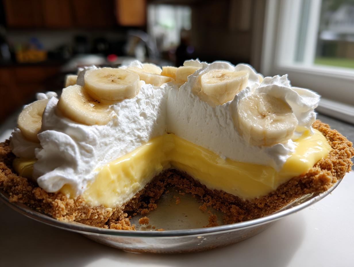 A close-up of a slice missing from a banana cream pie showing thick yellow custard, whipped cream, and banana slices.