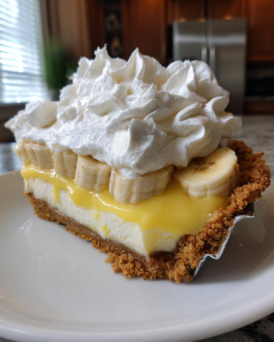 A close-up of a perfect slice of banana cream pie showing graham cracker crust, custard, bananas, and whipped cream.