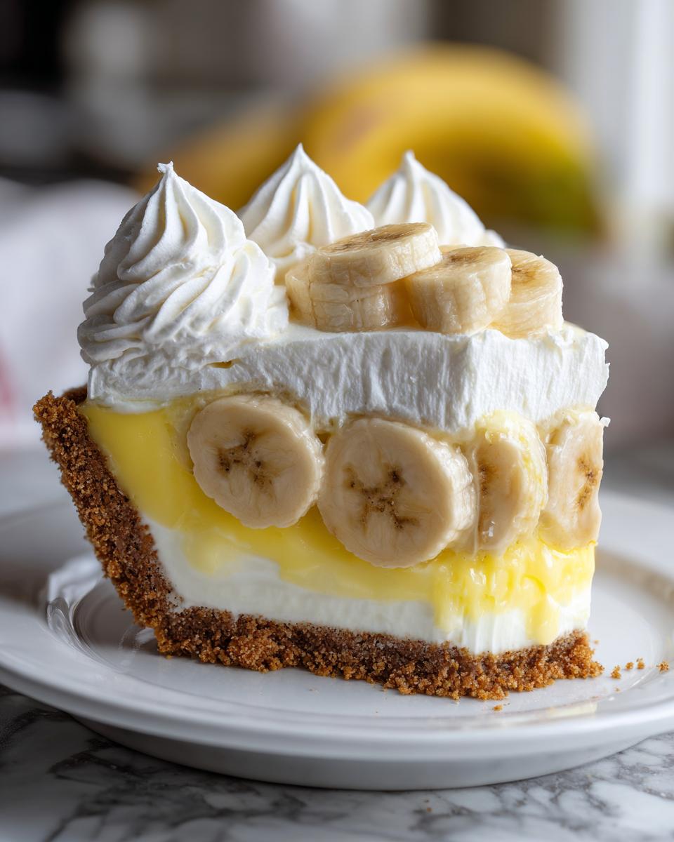 A tall slice of homemade banana cream pie showing layers of graham cracker crust, cream, custard, and fresh banana slices.
