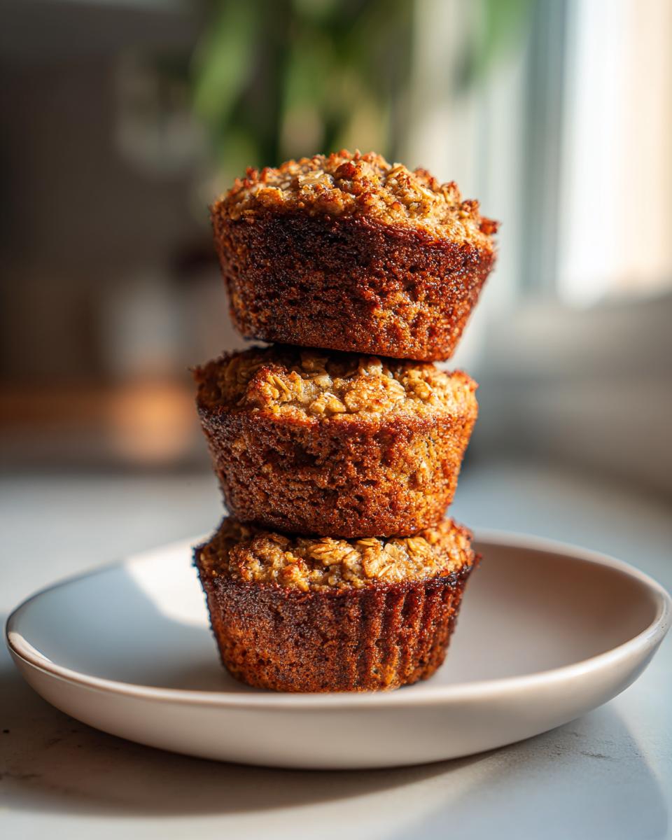 Three golden brown banana oatmeal muffins stacked on a small white plate.