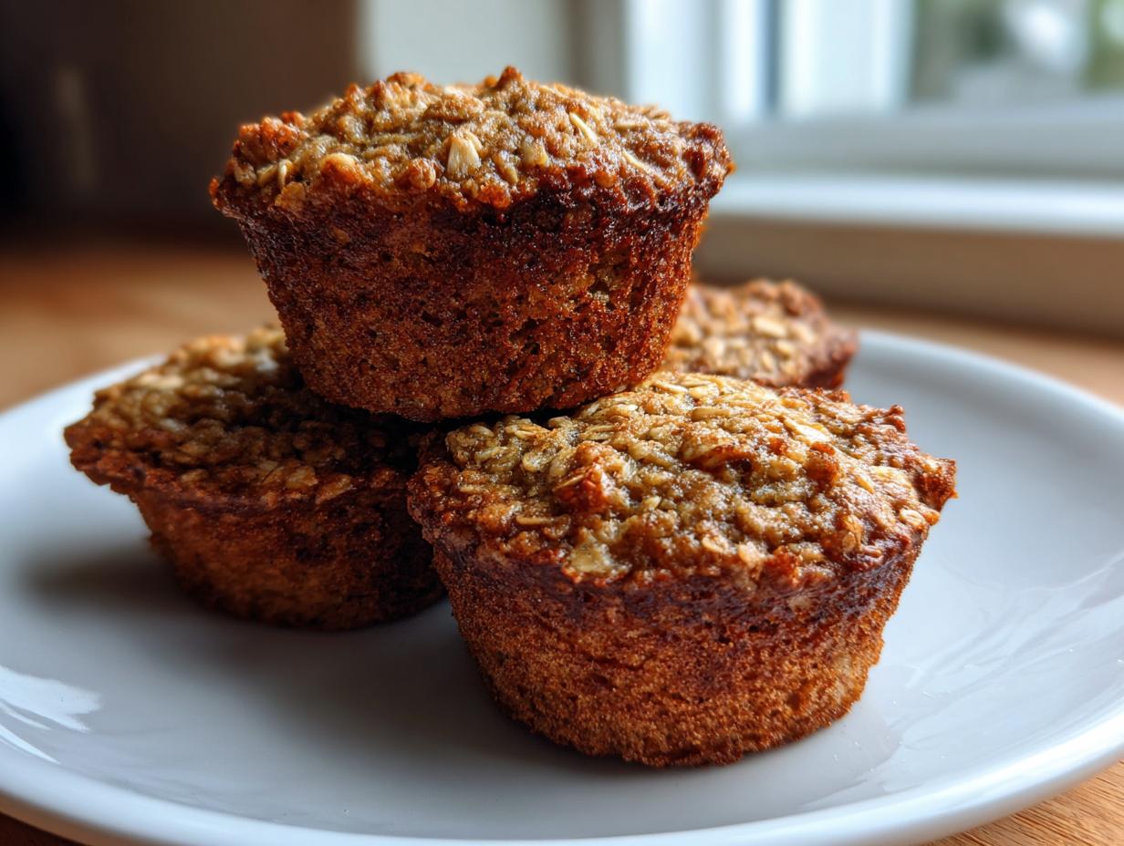 A stack of four golden brown banana oatmeal muffins with visible oats on top, resting on a white plate.