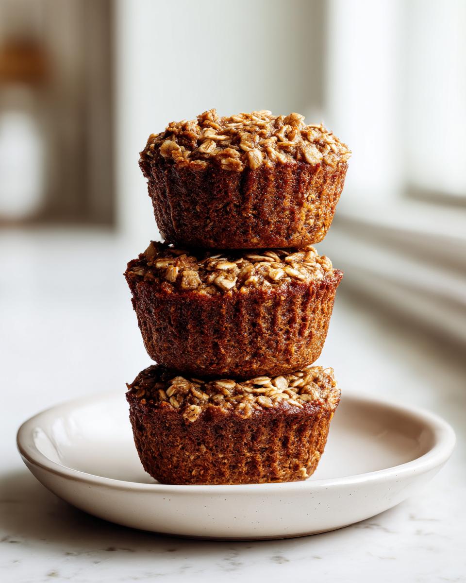 Three freshly baked banana oatmeal muffins stacked vertically on a small white plate.