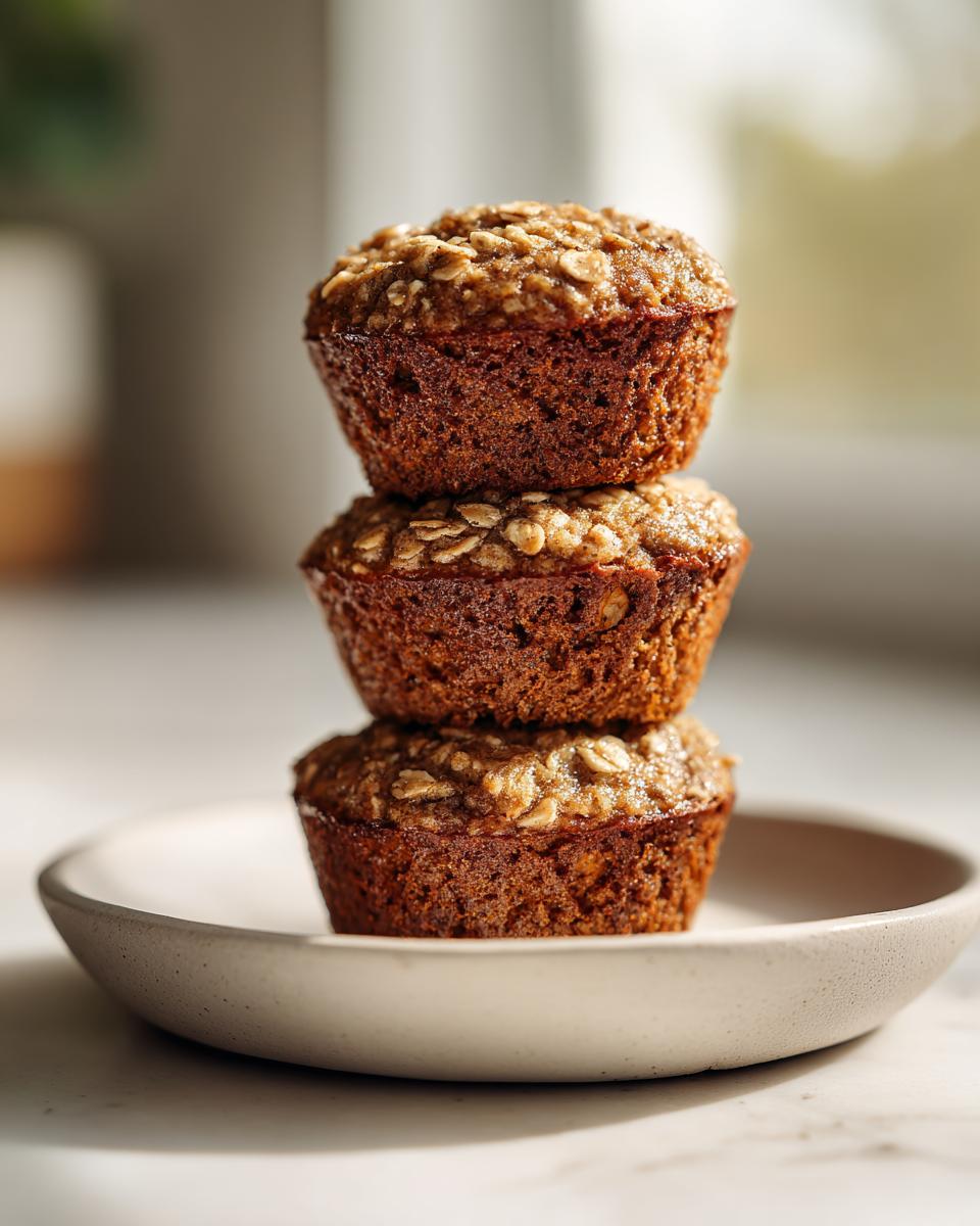 Three perfectly baked banana oatmeal muffins stacked vertically on a small, light-colored plate.