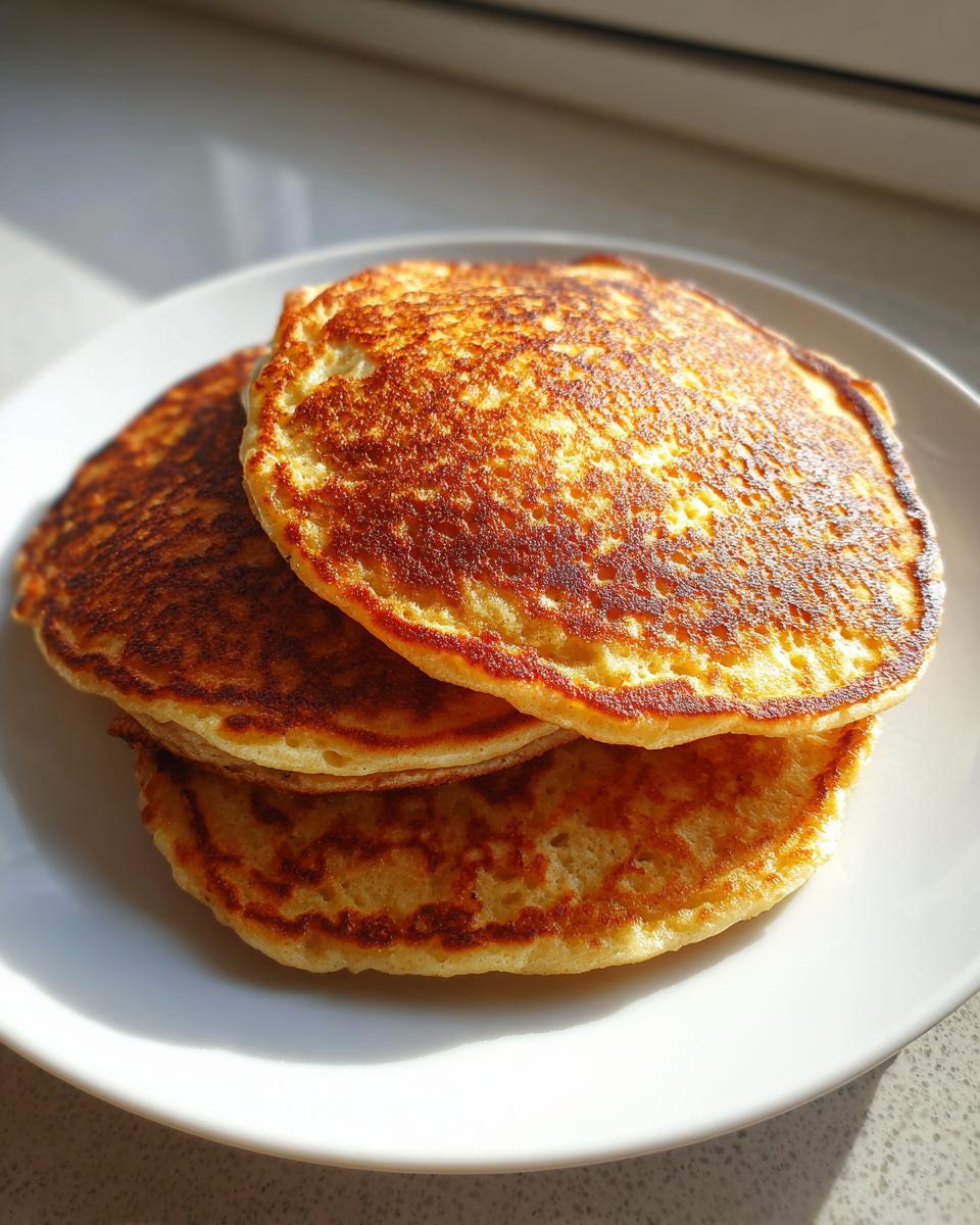 A stack of three golden-brown banana oatmeal pancakes on a white plate, lit by sunlight.