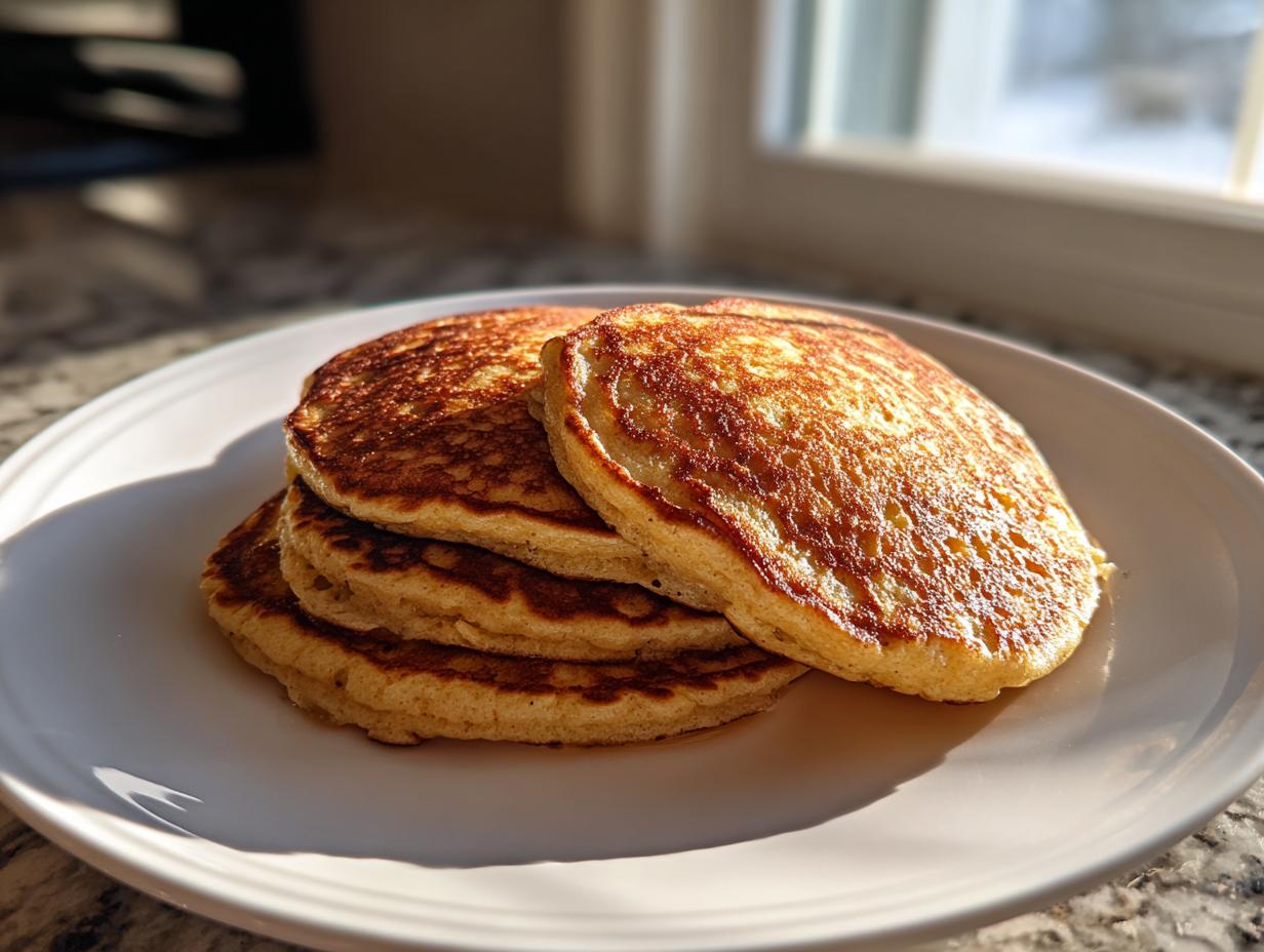 A stack of four golden-brown banana oatmeal pancakes sitting on a white plate, lit by bright sunlight.