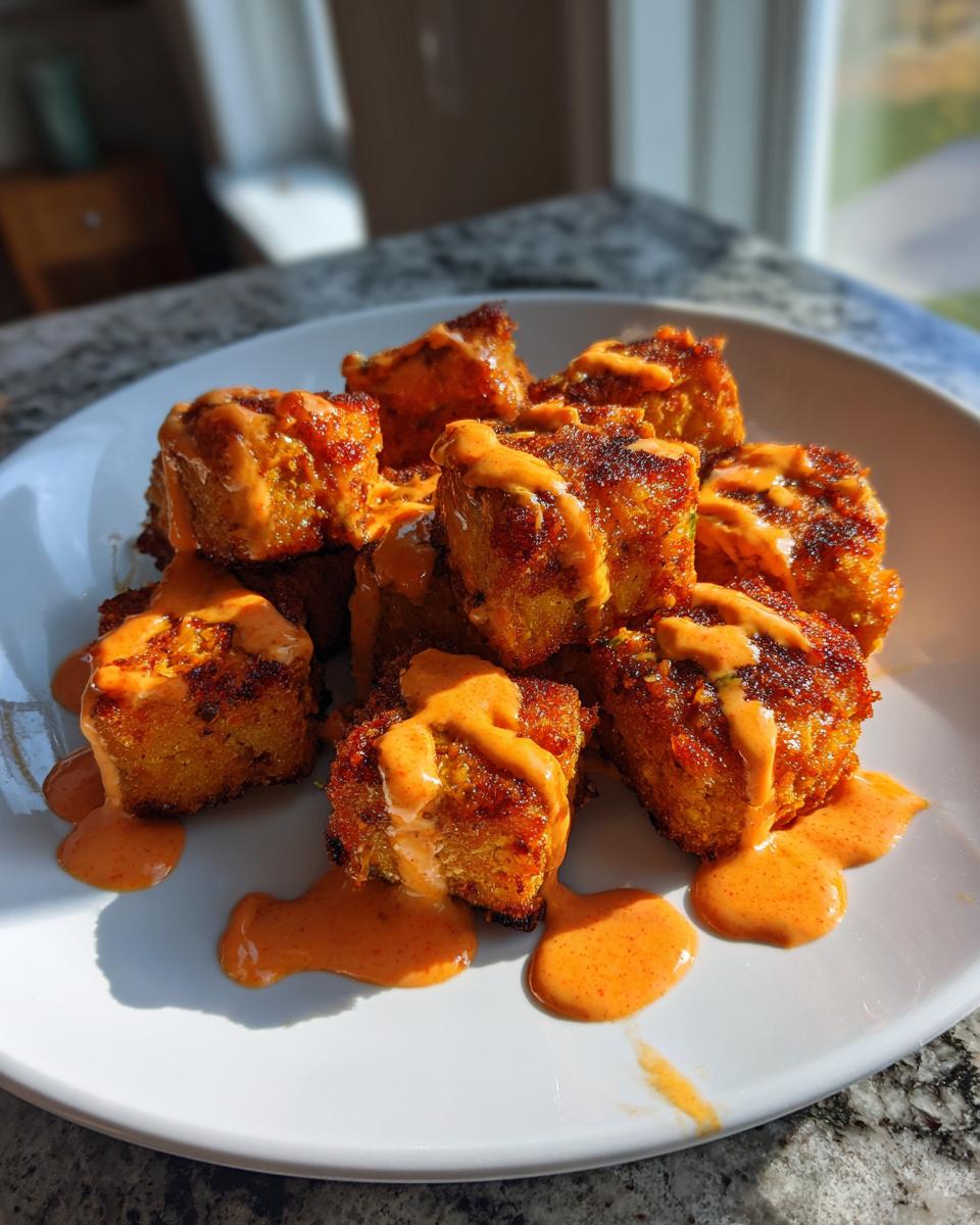 Close-up of crispy, cubed Bang Bang Salmon drizzled generously with spicy orange sauce on a white plate.