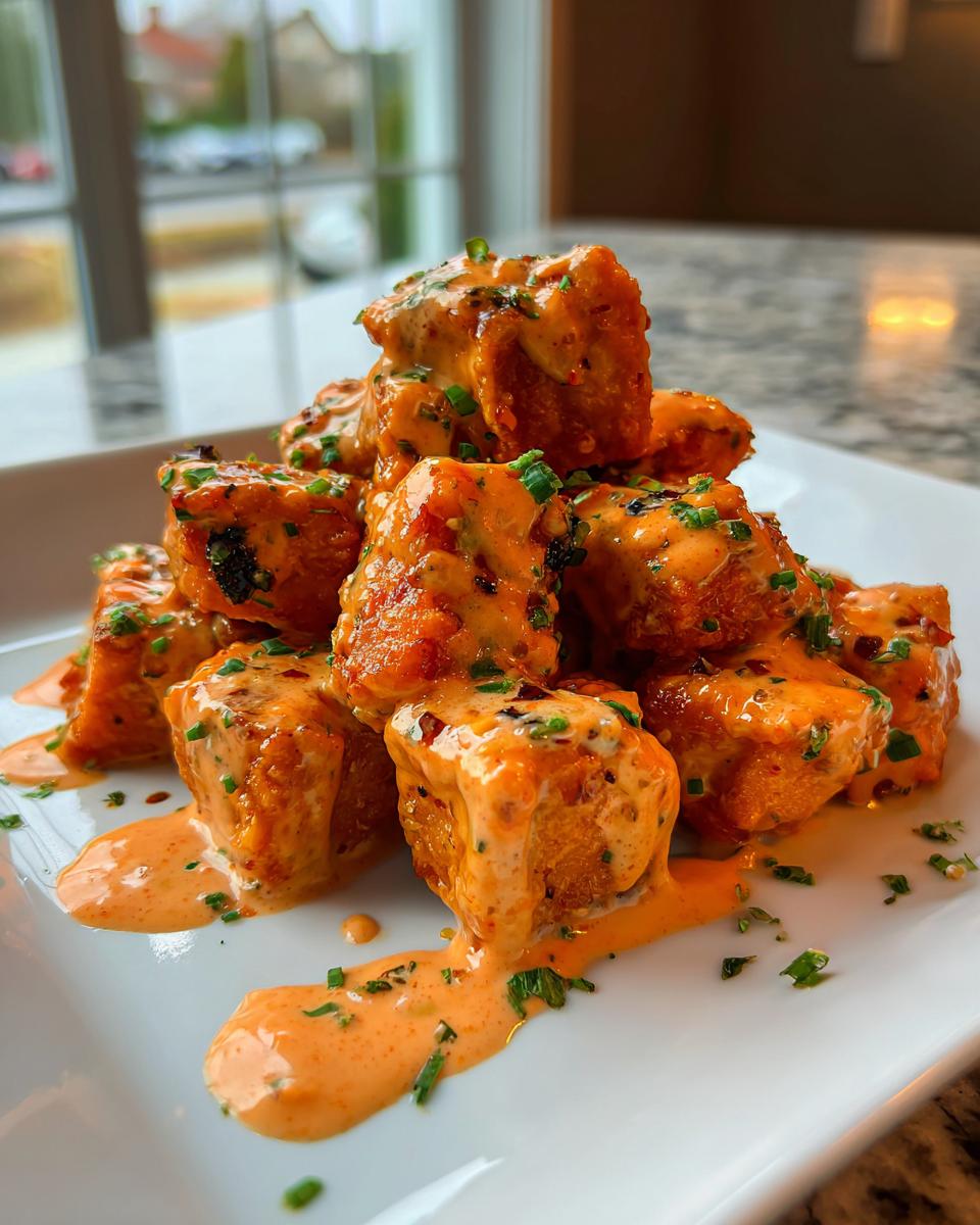 A stack of crispy, bite-sized pieces of Bang Bang Salmon generously coated in creamy orange sauce and sprinkled with chives.