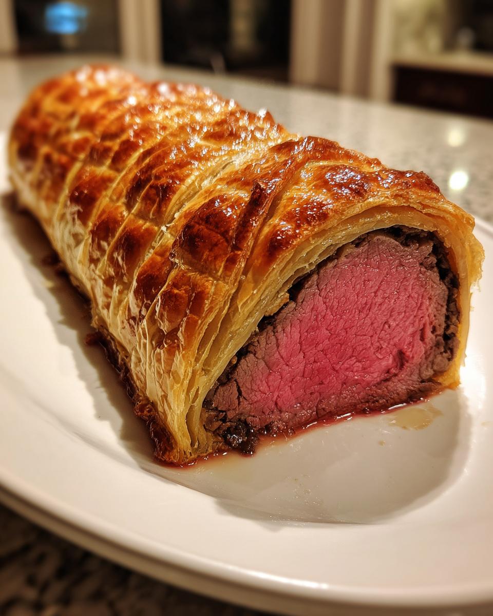A perfectly cooked beef wellington recipe showing a golden, flaky pastry crust and a medium-rare pink center.
