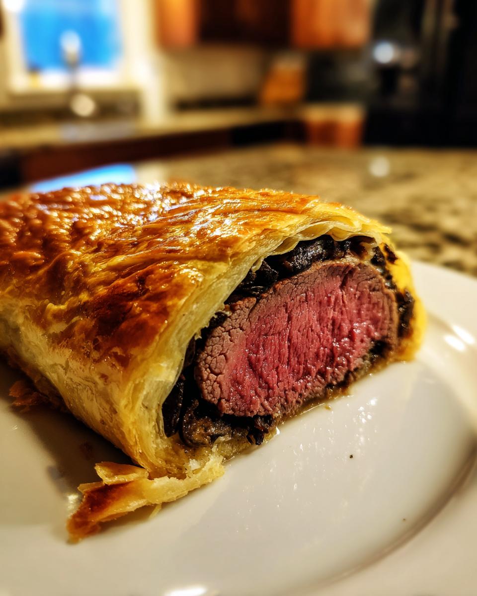Close-up of a slice of beef wellington recipe showing medium-rare beef inside golden puff pastry.