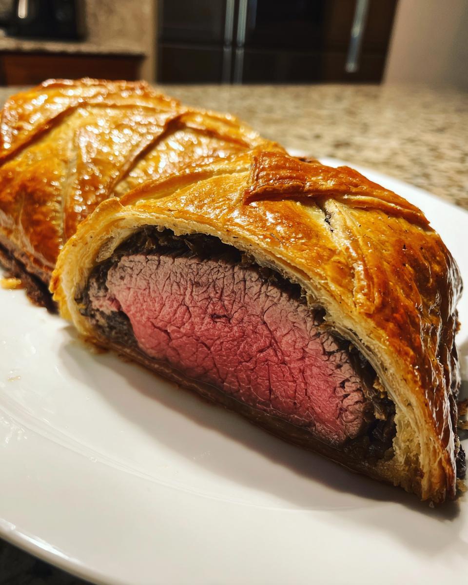 Close-up of a slice from a beef wellington recipe showing medium-rare pink tenderloin inside golden puff pastry.