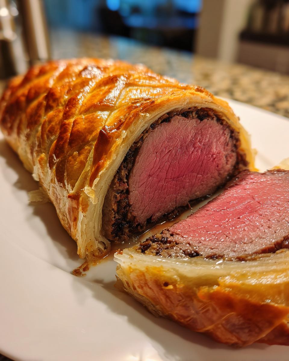Close-up of a sliced beef wellington recipe showing medium-rare pink center and golden pastry.