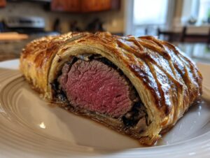 Cross-section of a perfectly cooked beef wellington recipe showing medium-rare pink tenderloin surrounded by duxelles and golden puff pastry.