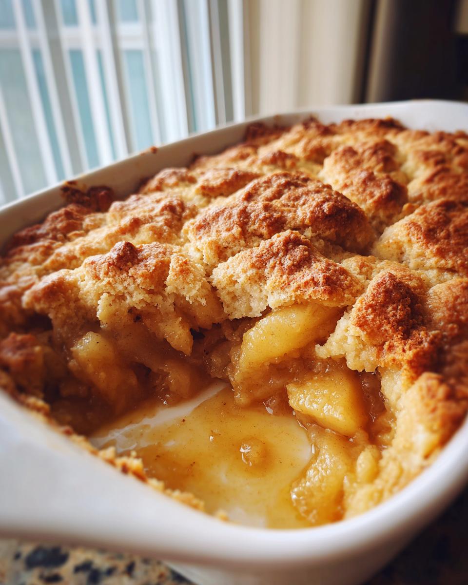 Close-up of a freshly baked apple cobbler recipe with a golden, crumbly topping and bubbling, saucy apple filling.