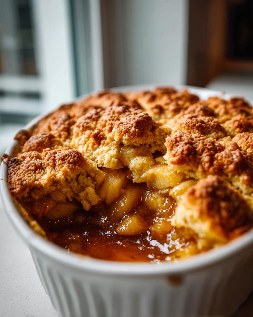 Close-up of a bubbling apple cobbler recipe in a white dish, showing the golden, crumbly topping and warm apple filling.