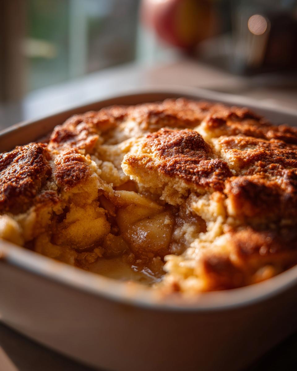 A close-up view of a freshly baked apple cobbler recipe with a golden-brown, crumbly topping and visible, syrupy apple filling.