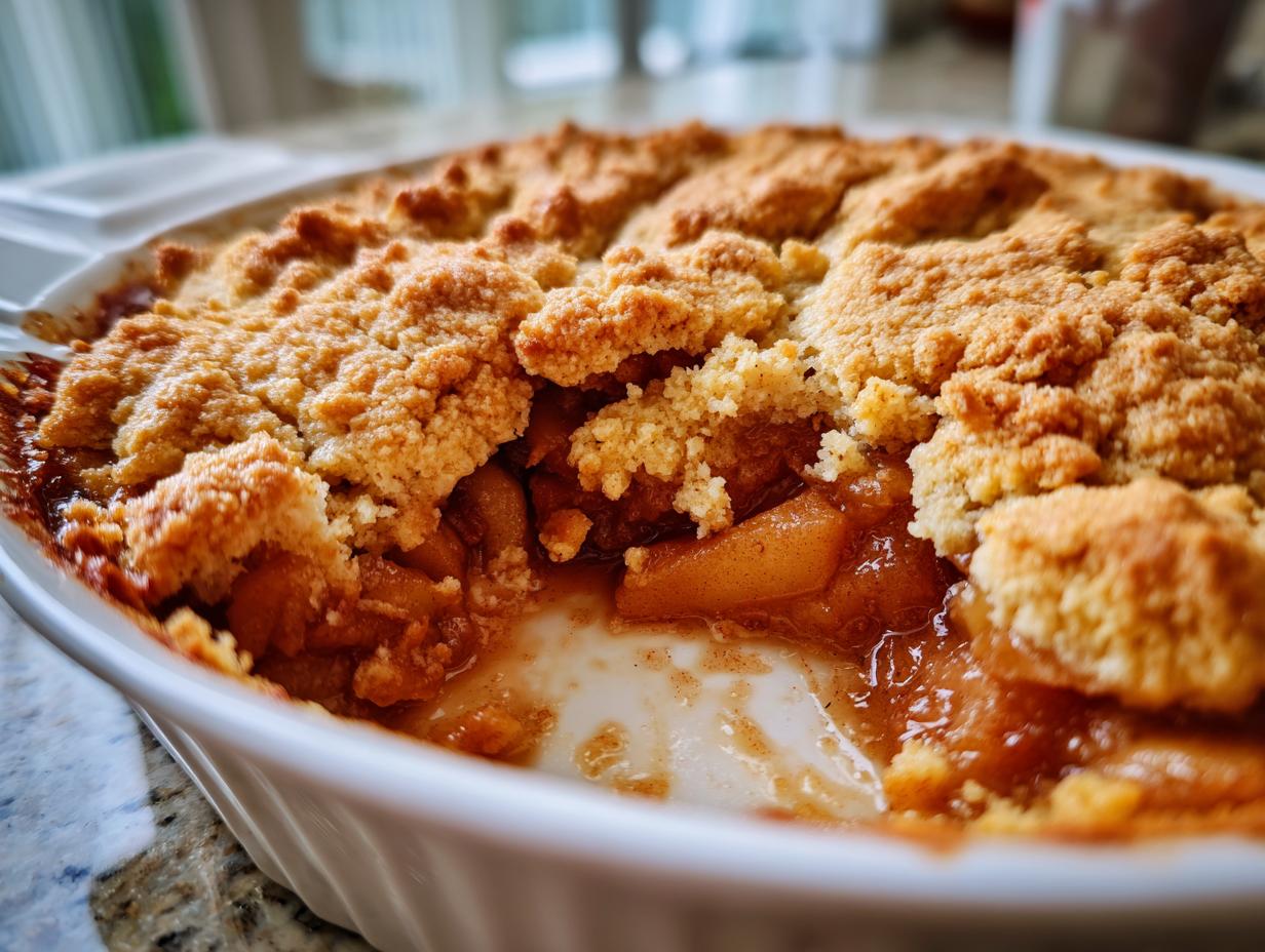 A close-up shot showing a scoop taken out of a golden-brown apple cobbler recipe, revealing warm, syrupy apple filling.
