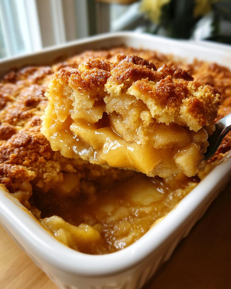 A spoonful of warm, gooey filling and crumbly topping being lifted from a white baking dish of the best apple cobbler recipe.
