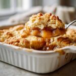 A spoonful of warm, gooey apple cobbler recipe being lifted from a white baking dish, showing caramelized apples and crumbly topping.