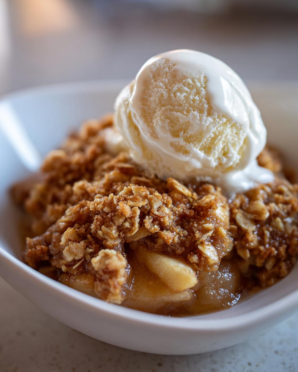 A warm serving of the best apple crisp recipe topped with a scoop of melting vanilla ice cream in a white bowl.