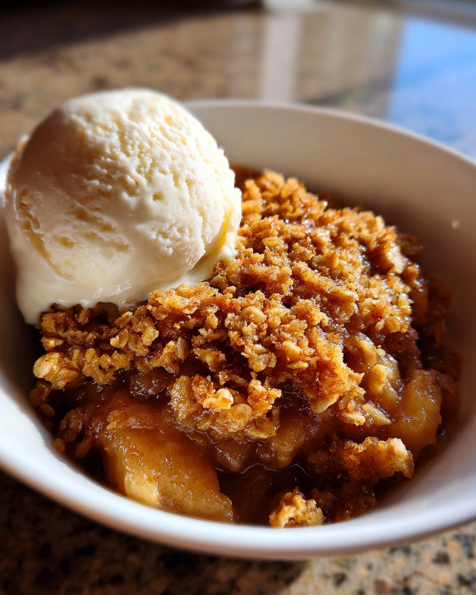 Close-up of a warm apple crisp recipe serving topped with a scoop of vanilla ice cream in a white bowl.