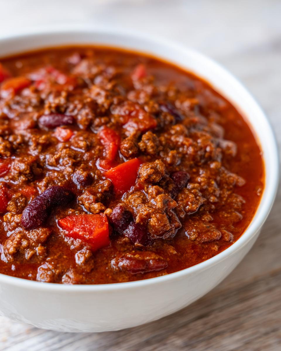 Close-up of a white bowl filled with the best chili recipe, featuring ground meat, kidney beans, and red peppers in a thick sauce.