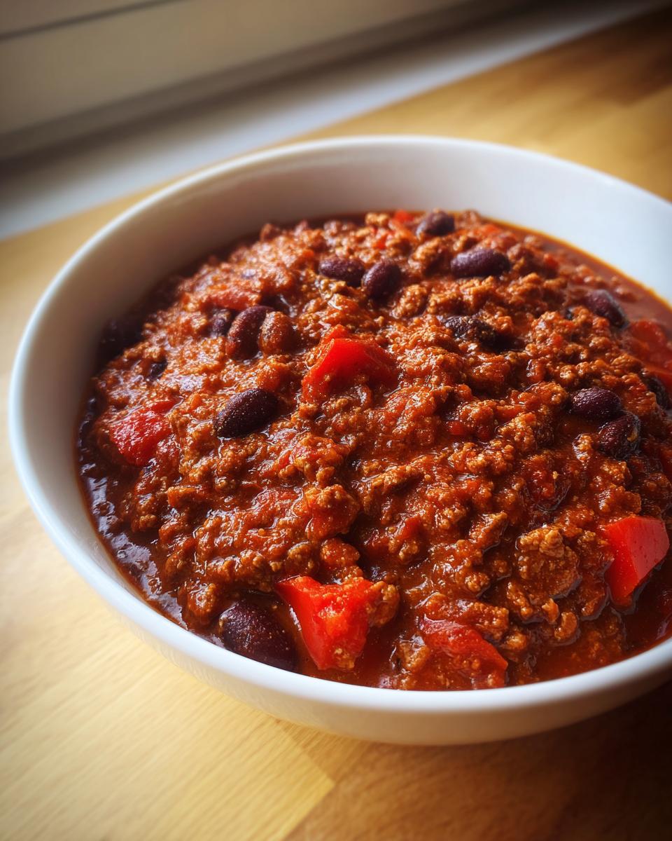 Close-up of a white bowl filled with the best chili recipe, showing ground meat, kidney beans, and red peppers.