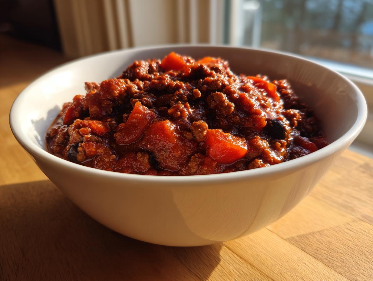 A close-up of a white bowl filled with the best chili recipe, featuring rich sauce, ground meat, and diced vegetables.
