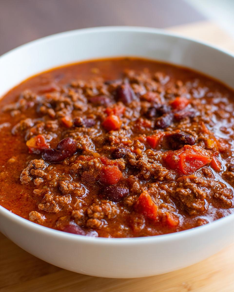 Close-up of a white bowl filled with rich, thick, and hearty best chili recipe featuring ground meat, kidney beans, and tomatoes.