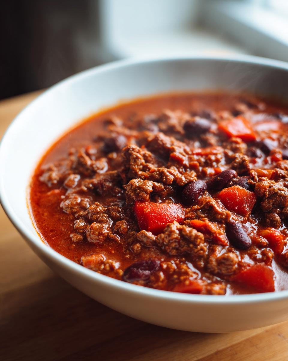 Close-up of a steaming white bowl filled with the best chili recipe, showing ground beef, kidney beans, and tomatoes.