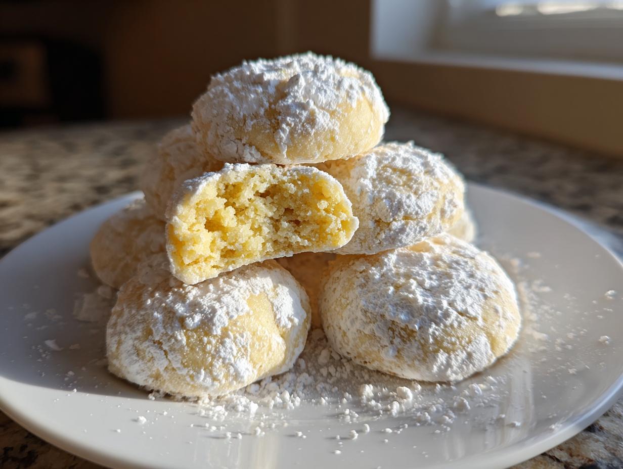 A stack of soft, powdered sugar-dusted lemon cookies, one broken open to show the crumbly interior.