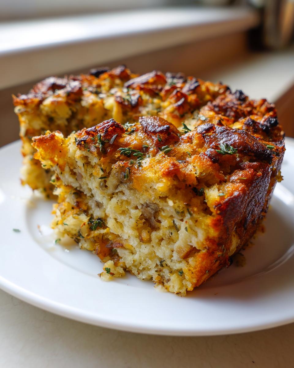A thick, moist slice of baked stuffing with a golden-brown, herby crust served on a white plate.