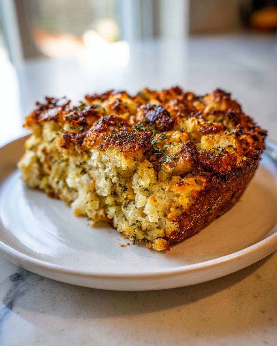 A close-up of a perfectly baked, moist slice of stuffing with a golden-brown, crispy top.