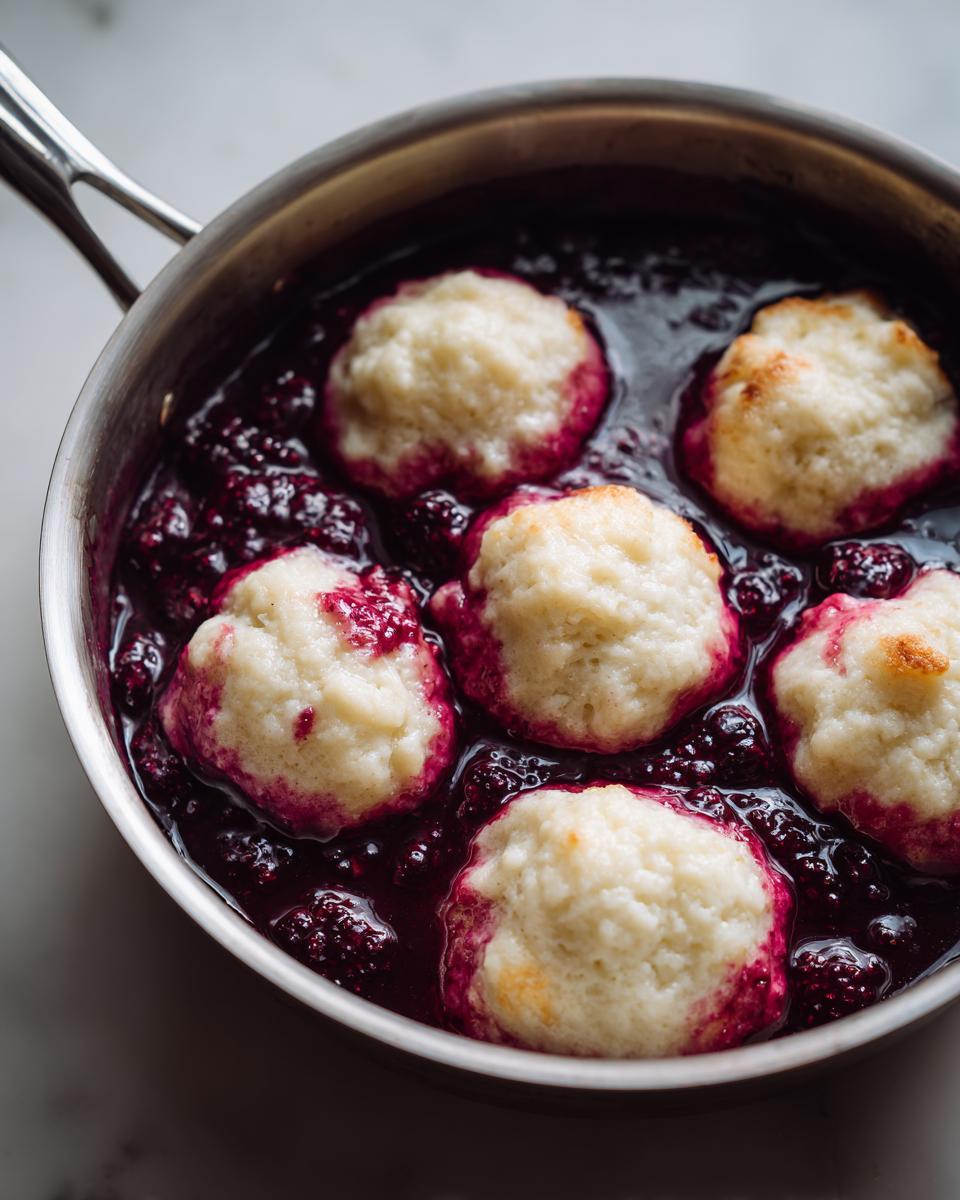 Five fluffy dumplings simmering in rich, dark purple blackberry sauce in a stainless steel pot, featuring Blackberry Dumplings.