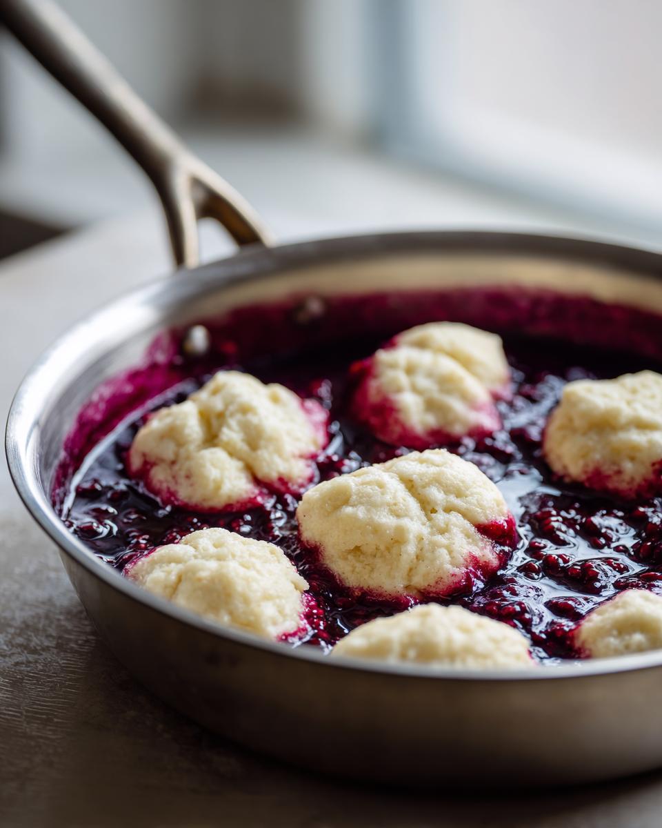 Close-up of fluffy, light-colored Blackberry Dumplings simmering in a rich, dark purple blackberry sauce in a stainless steel skillet.
