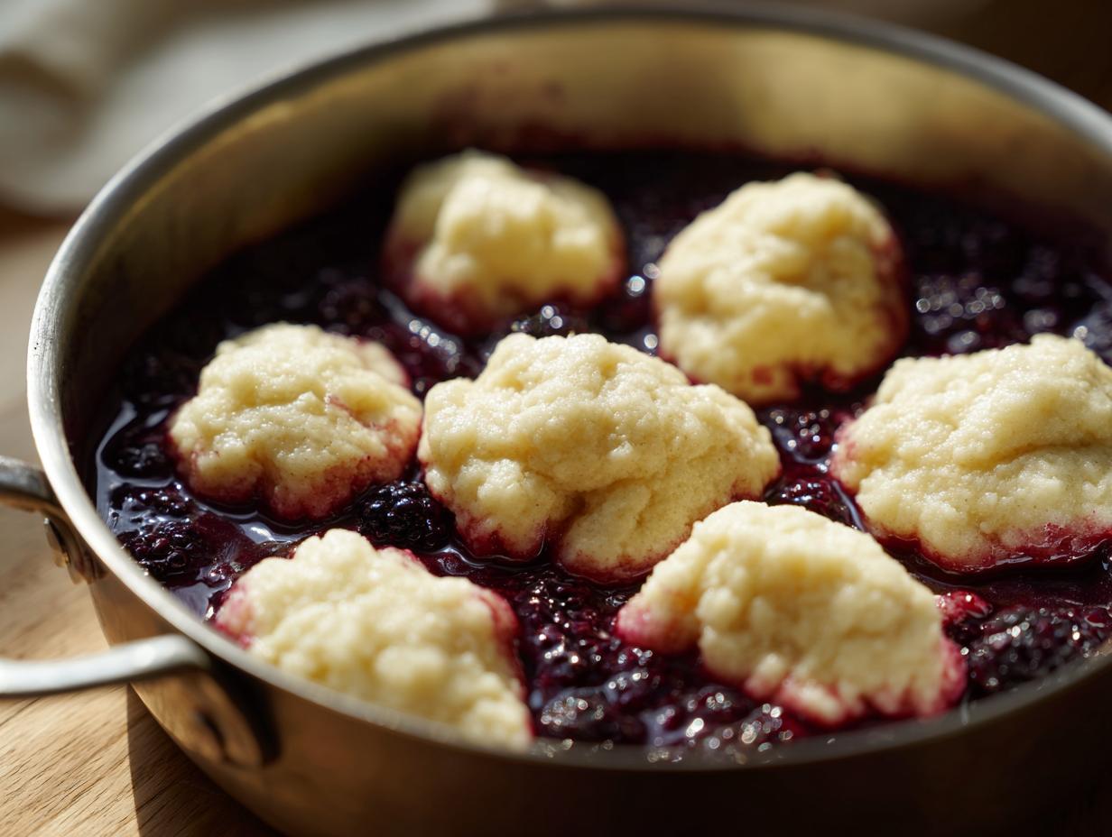 Close-up of fluffy, light-colored blackberry dumplings simmering in a rich, dark blackberry sauce in a metal pan.