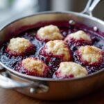 Close-up of golden-topped Blackberry Dumplings simmering in a rich, dark purple blackberry sauce in a stainless steel pan.