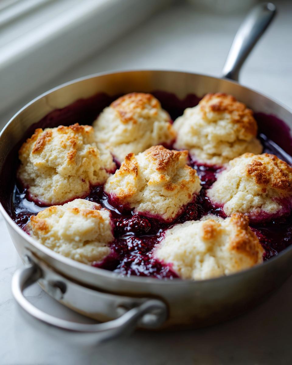 Close-up of golden-topped Blackberry Dumplings bubbling in rich, dark blackberry sauce in a stainless steel skillet.