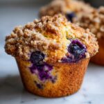 A close-up of a golden brown blueberry muffin topped with crunchy streusel, featuring vibrant purple blueberries.