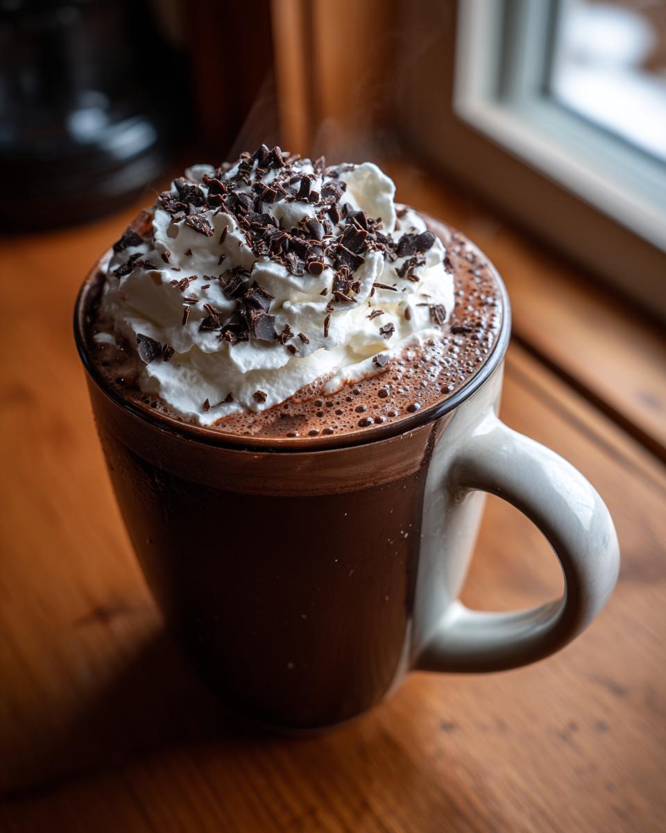 A rich mug of steaming boozy hot chocolate topped with whipped cream and chocolate shavings.
