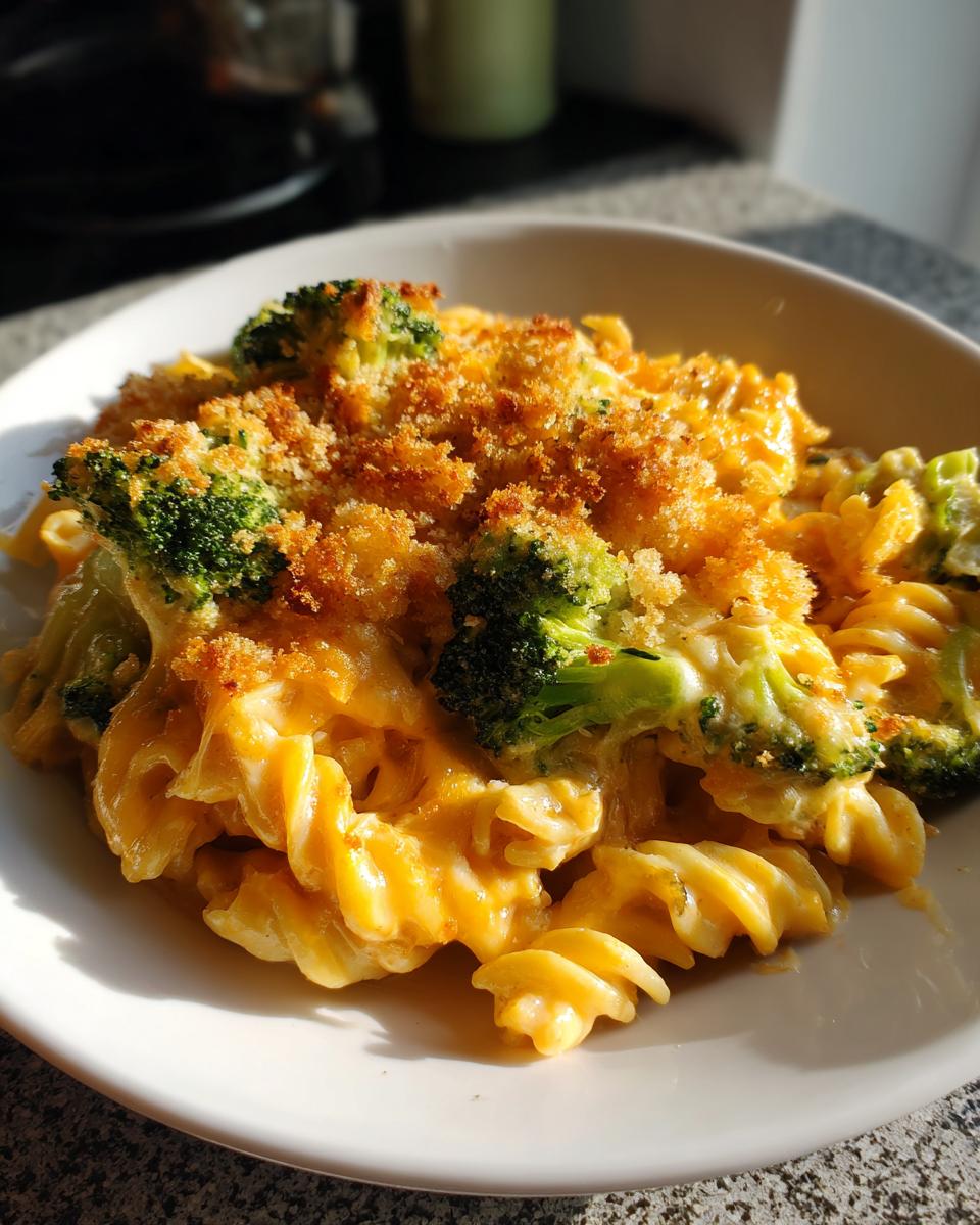 A close-up of a serving of creamy broccoli cheddar casserole featuring rotini pasta, bright green broccoli florets, and a golden breadcrumb topping.