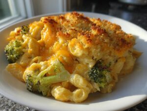 A close-up of a serving of creamy broccoli cheddar casserole with a golden, crispy breadcrumb topping.