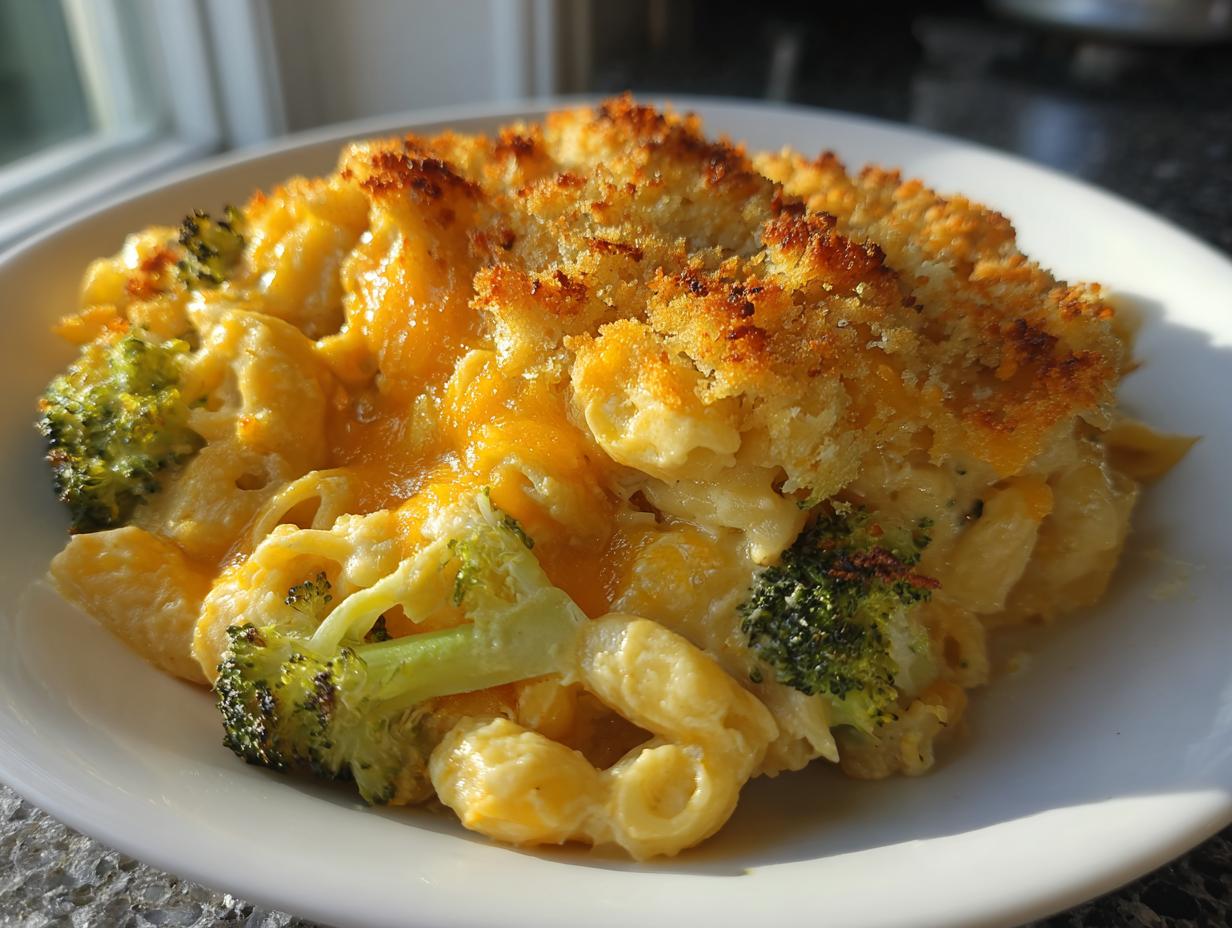 A close-up of a serving of creamy broccoli cheddar casserole with a golden, crispy breadcrumb topping.